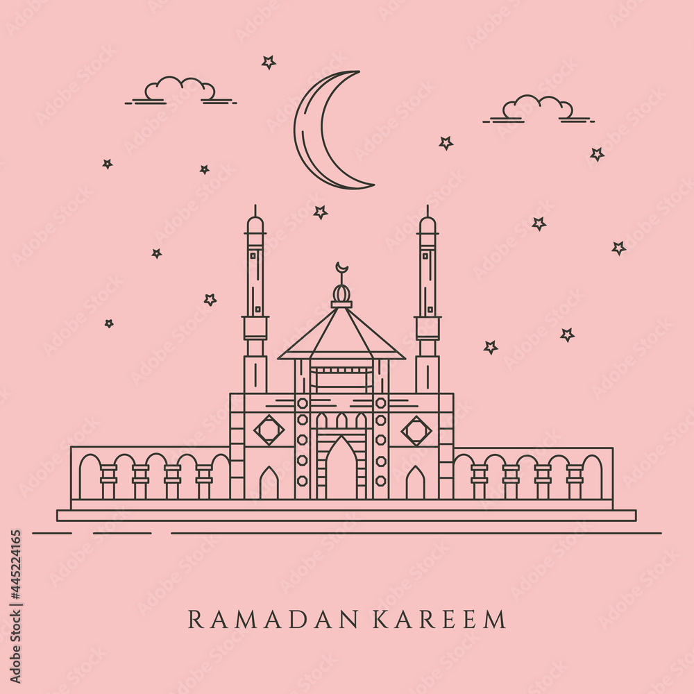 Naklejka premium line art mosque landscape background symbol illustration design, eid mubarak background design