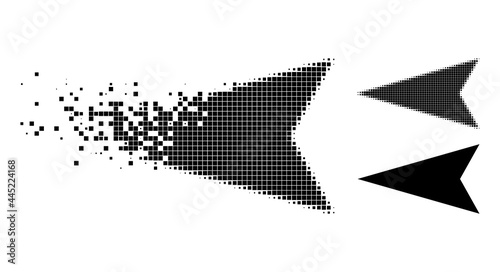 Moving dot arrowhead left glyph with destruction effect, and halftone vector composition. Pixelated destruction effect for arrowhead left shows speed and motion of cyberspace concepts.