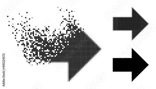 Fragmented pixelated arrow right glyph with destruction effect, and halftone vector composition. Pixelated dissipating effect for arrow right reproduces speed and motion of cyberspace items.
