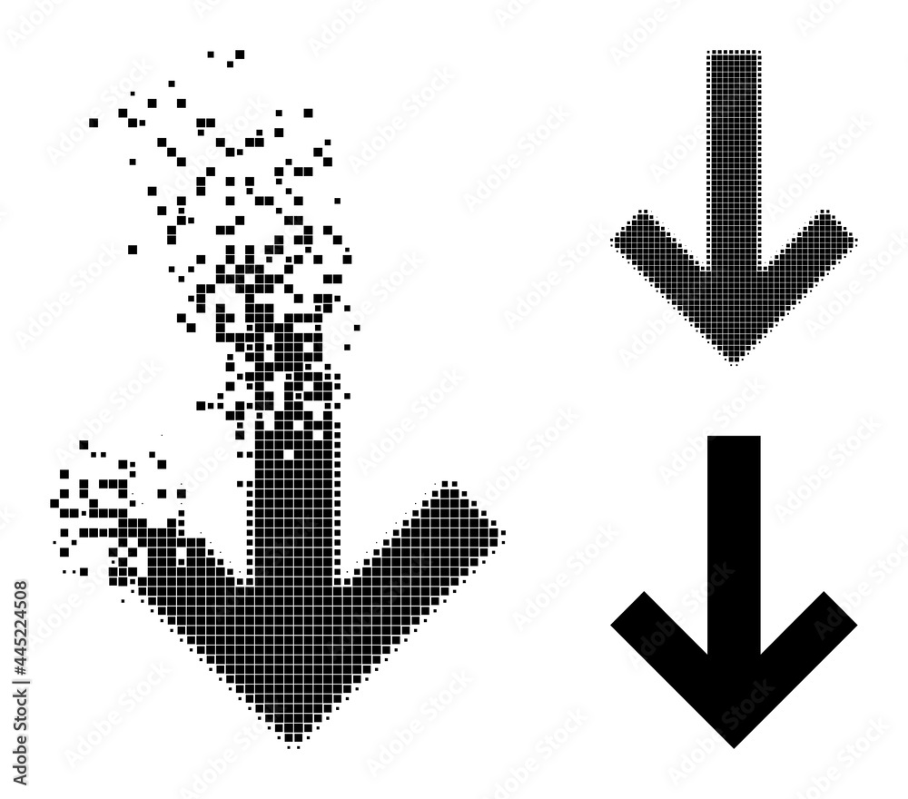 Dispersed dotted arrow down glyph with destruction effect, and halftone vector composition. Pixelated destruction effect for arrow down gives speed and movement of cyberspace matter. Dispersed dotted arrow down glyph with destruction effect, and halftone vector composition. Pixelated destruction effect for arrow down gives speed and movement of cyberspace matter.