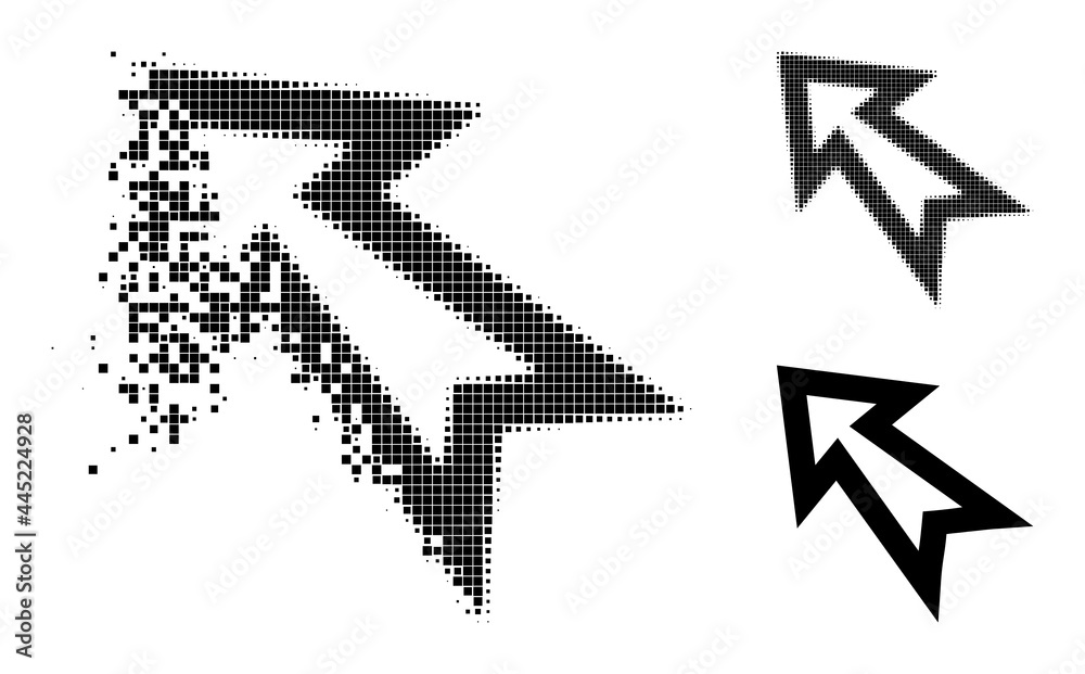 Destructed dotted arrow left up icon with destruction effect, and halftone vector icon. Pixel disappearing effect for arrow left up demonstrates speed and motion of cyberspace objects. Destructed dotted arrow left up icon with destruction effect, and halftone vector icon. Pixel disappearing effect for arrow left up demonstrates speed and motion of cyberspace objects.