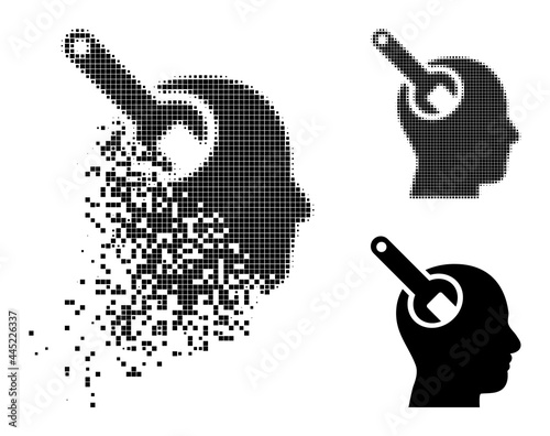 Dust pixelated brain tool icon with wind effect, and halftone vector image. Pixelated degradation effect for brain tool reproduces speed and movement of cyberspace abstractions.