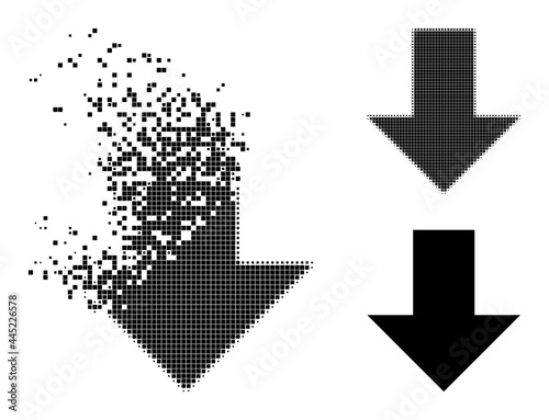 Fragmented pixelated arrow down glyph with destruction effect, and halftone vector symbol. Pixelated dissipating effect for arrow down shows speed and movement of cyberspace abstractions.
