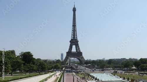 Eiffel Tower fountain opened for bath during a heat wave in Paris summer. photo