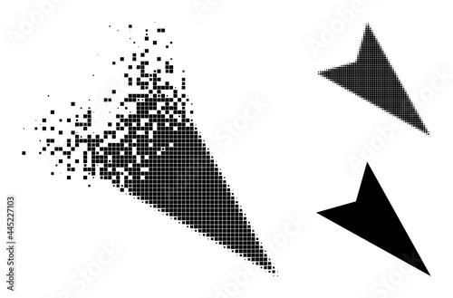 Disappearing pixelated arrowhead right-down glyph with destruction effect, and halftone vector icon.