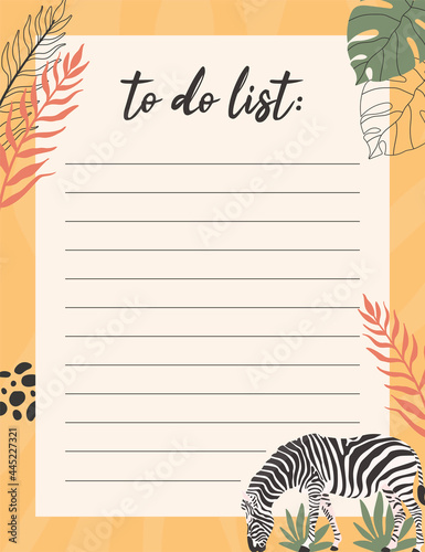 To do list notes concept. with zebra and tropical hand drawn illustrations.