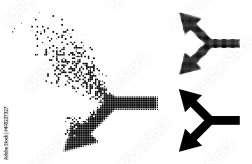 Moving pixelated bifurcation arrow left icon with wind effect, and halftone vector icon. Pixelated dissolving effect for bifurcation arrow left demonstrates speed and movement of cyberspace things.