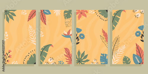 Set of four flyers with empty space for text. Tropical background concept with hand drawn illustrations.