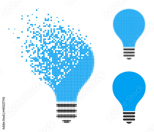 Fractured pixelated bulb pictogram with destruction effect, and halftone vector icon. Pixelated degradation effect for bulb gives speed and motion of cyberspace abstractions.