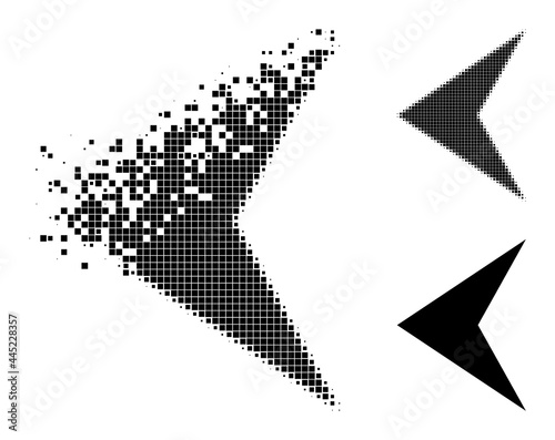 Broken pixelated arrowhead left icon with destruction effect, and halftone vector image. Pixelated dissipating effect for arrowhead left reproduces speed and motion of cyberspace items.
