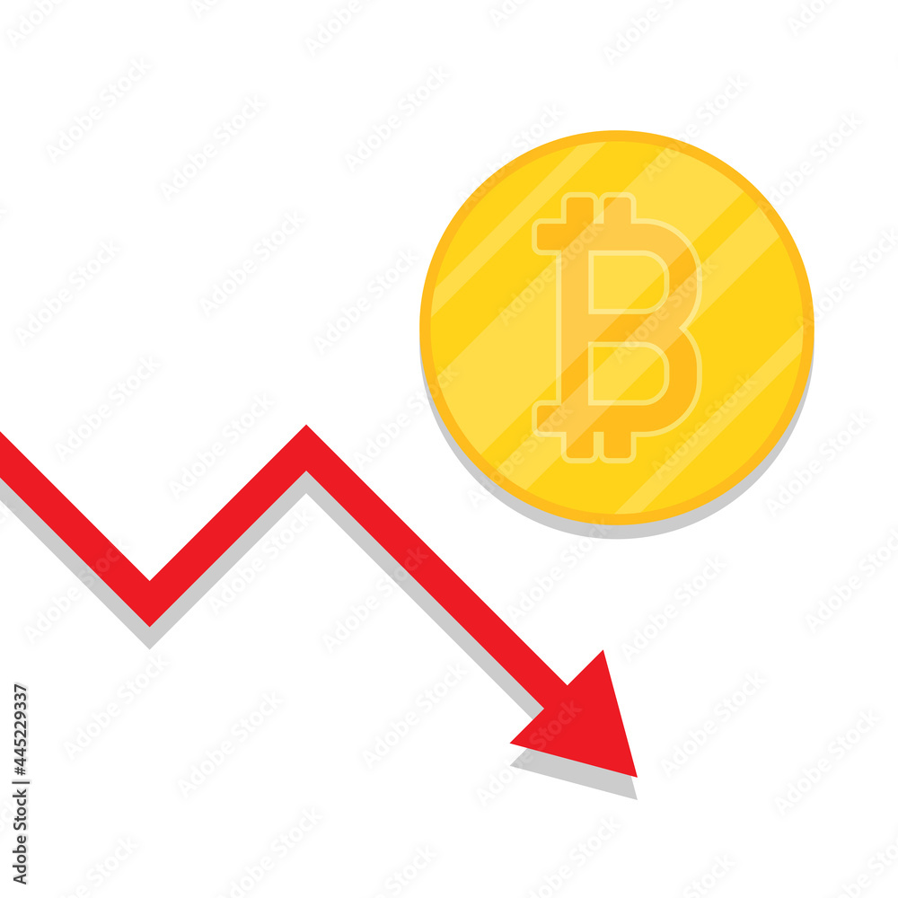 Bitcoin cartoon vector. Bitcoin Currency Symbol with Red Arrow Down. Bitcoin depreciation. Falling Bitcoin prices.