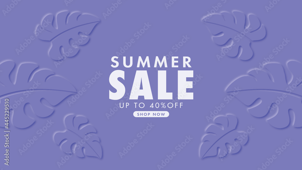Summer banner for seasonal promotional sales with blurred decorative leaves and shadows - Modern summer purple background concept.