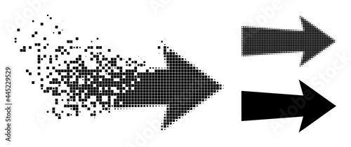 Destructed pixelated arrow right glyph with destruction effect, and halftone vector composition. Pixelated destruction effect for arrow right shows speed and movement of cyberspace abstractions. photo