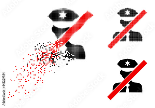 Dust dotted blacklisted policeman icon with destruction effect, and halftone vector icon.