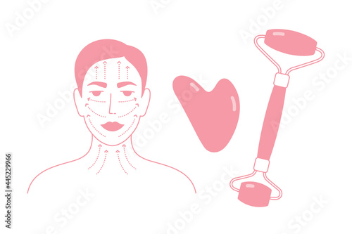 Vector illustration of quartz face roller, gua sha scraper. Woman portrait with massage lines. Natural stone tools for facial lifting. Skin care manual, relax anti aging massage using guasha massager