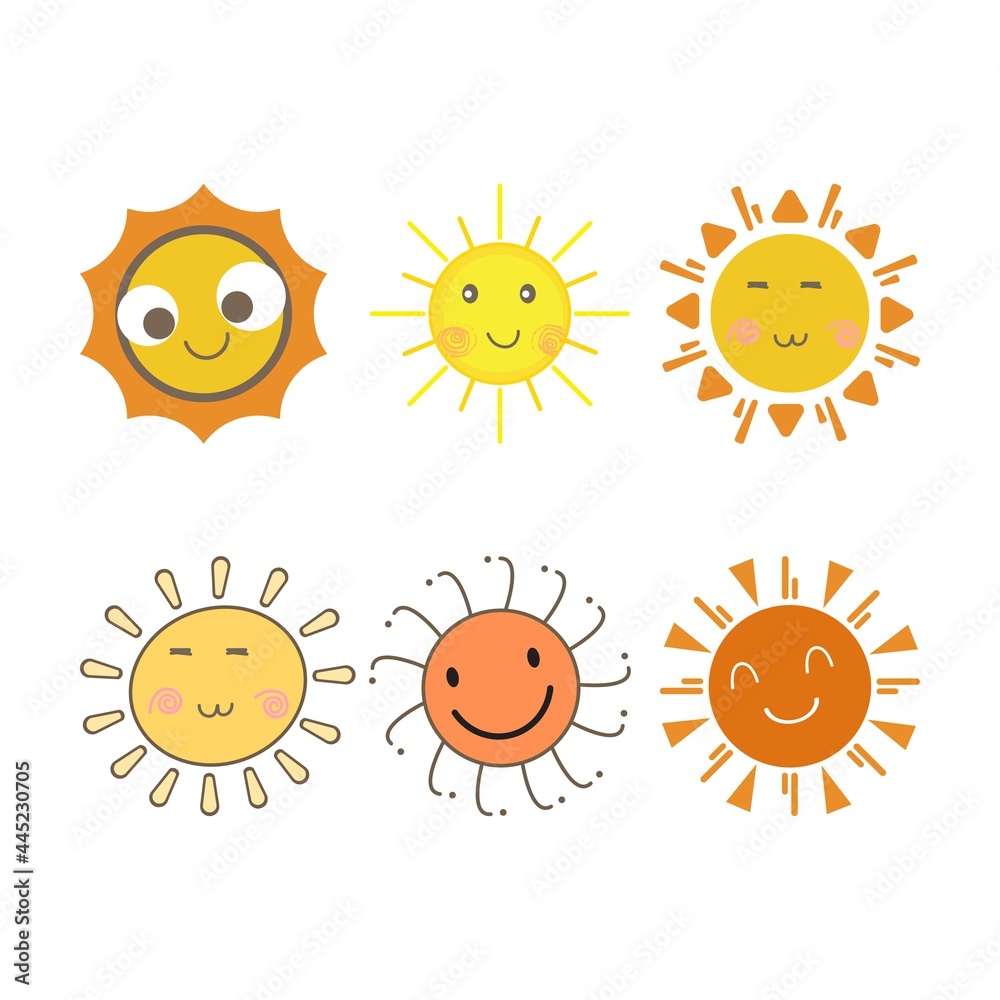 Sun sticker with a round shape and yellow and red color. Cute sun with smiling face and cool eyes. Sunray coming out from sun vector design. 6 Sun vector social media sticker collection.
