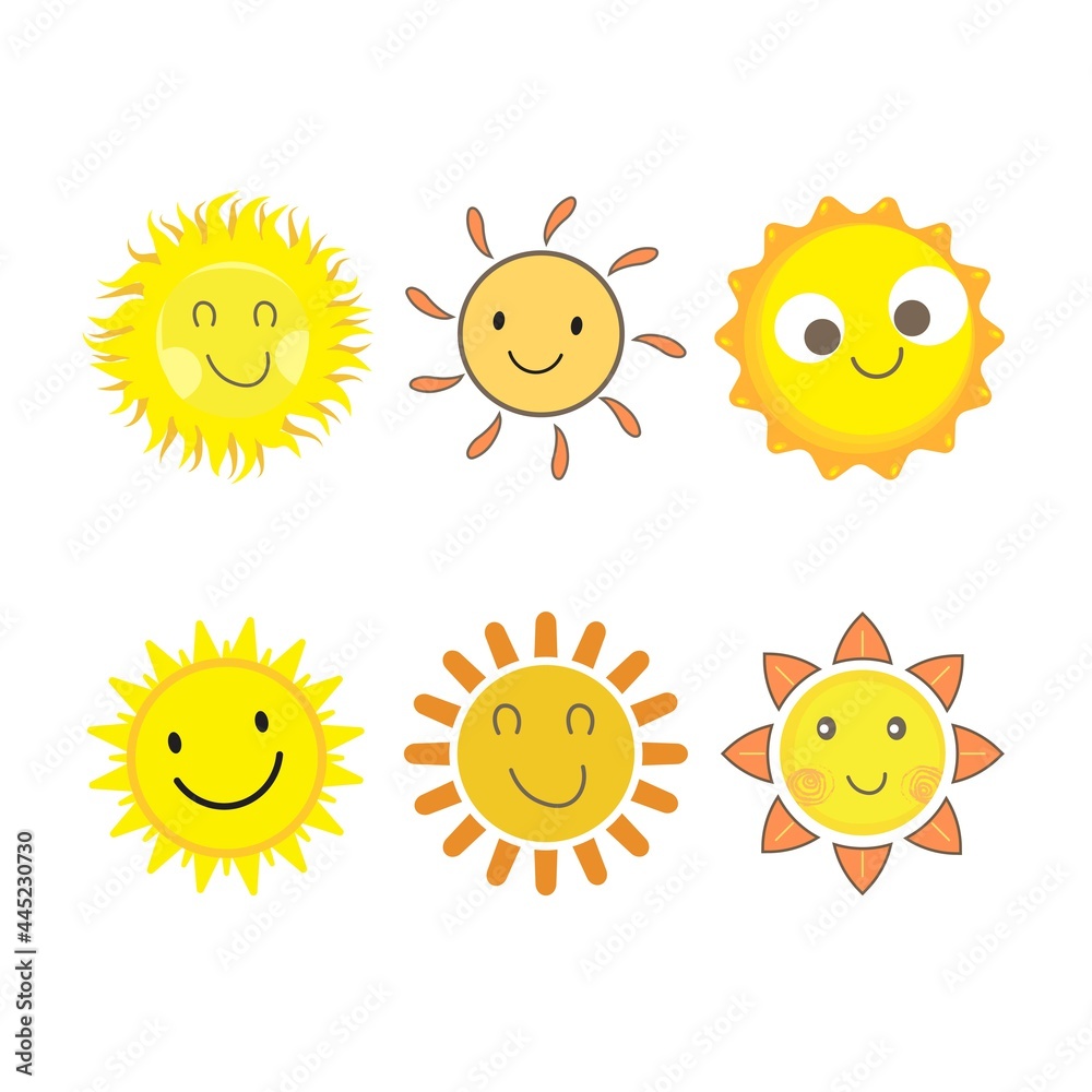 Sun sticker with a round shape and yellow color. Cute sun with smiling face and cool eyes. Sunray coming out from sun vector design. 6 Sun vector social media sticker collection.