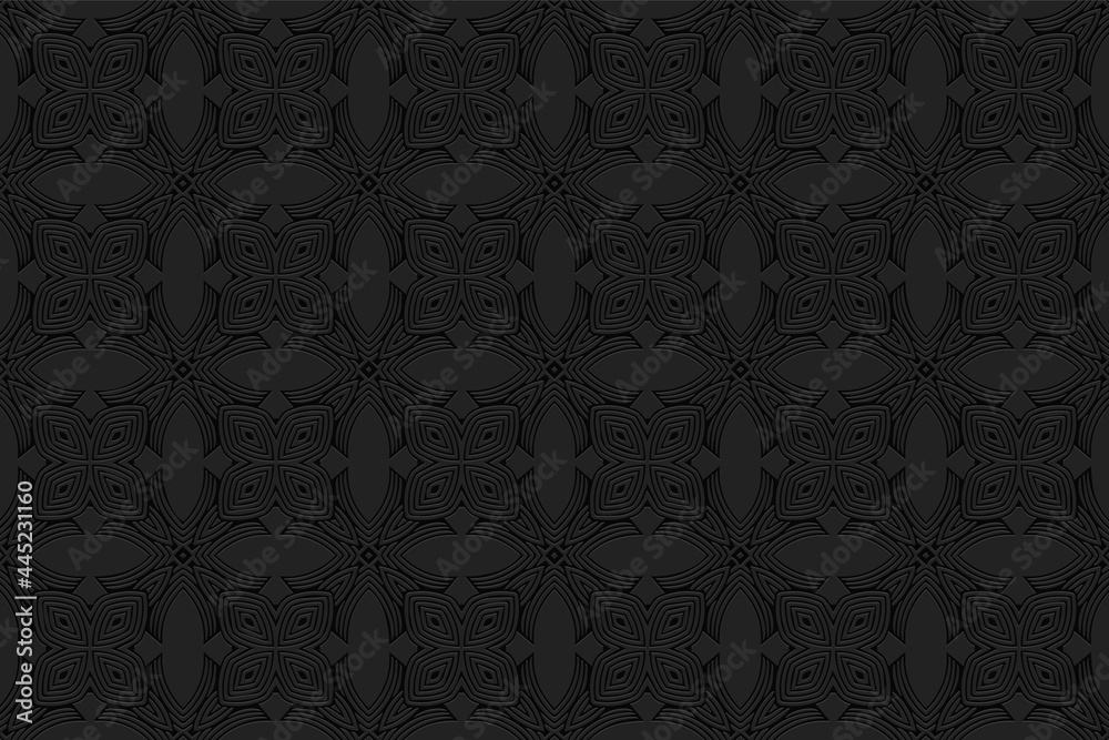 3D volumetric convex embossed fashionable black background. Ethnic oriental, asian geometric pattern with handmade elements. Ornament for design and decor, textiles, wallpaper, presentations.