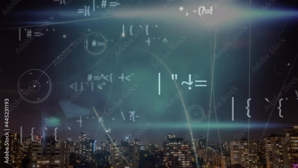 Animation of data processing and rotating globe with network of connections over night cityscape Animation of data processing and rotating globe with network of connections over night cityscape