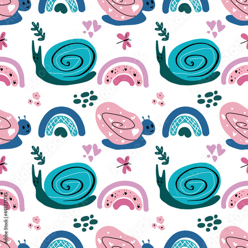 Seamless pattern with cute snails on a white background.Good for kids fabric, textile, nursery wallpaper. Hand-drawn childish naive illustrations in a simple Scandinavian style in a limited palette