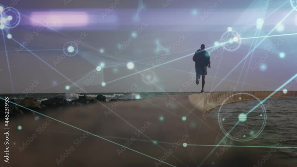 Animation of network of connections and data processing over man running Animation of network of connections and data processing over man running