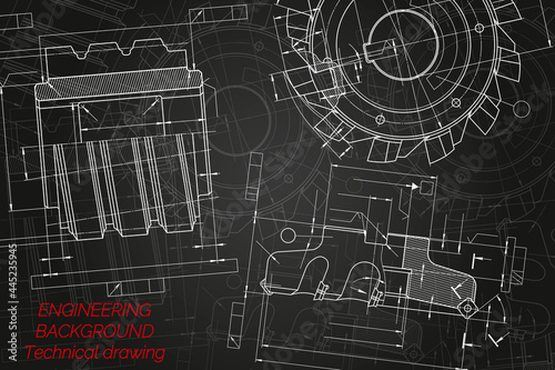 Mechanical engineering drawings on black background. Cutting tools, milling cutter. Technical Design. Cover. Blueprint. Vector illustration. photo