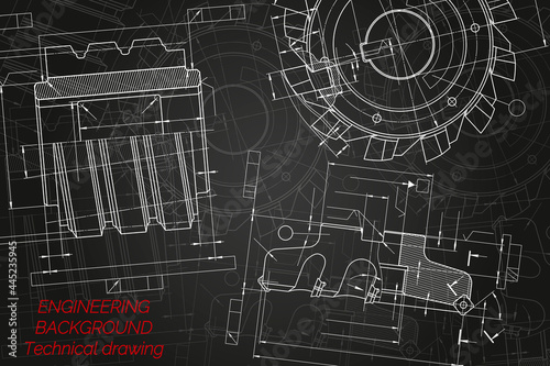 Mechanical engineering drawings on black background. Cutting tools, milling cutter. Technical Design. Cover. Blueprint. Vector illustration.