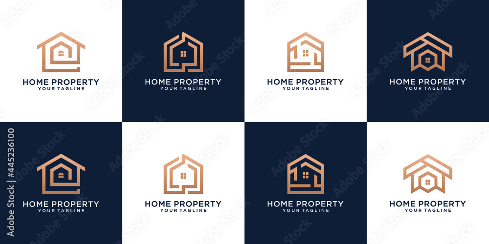 set of home property logo design template with golden branding with creative line art style set of home property logo design template with golden branding with creative line art style