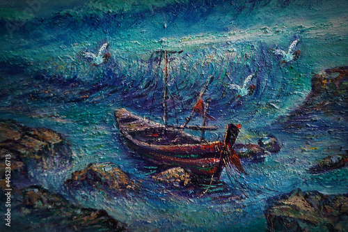 hand painted impressionism oil color painting art class phuket thailand fishing boats windy seashore coast seascape sea beach wave academy of art acrylic painting fragment of artwork contemporary art
