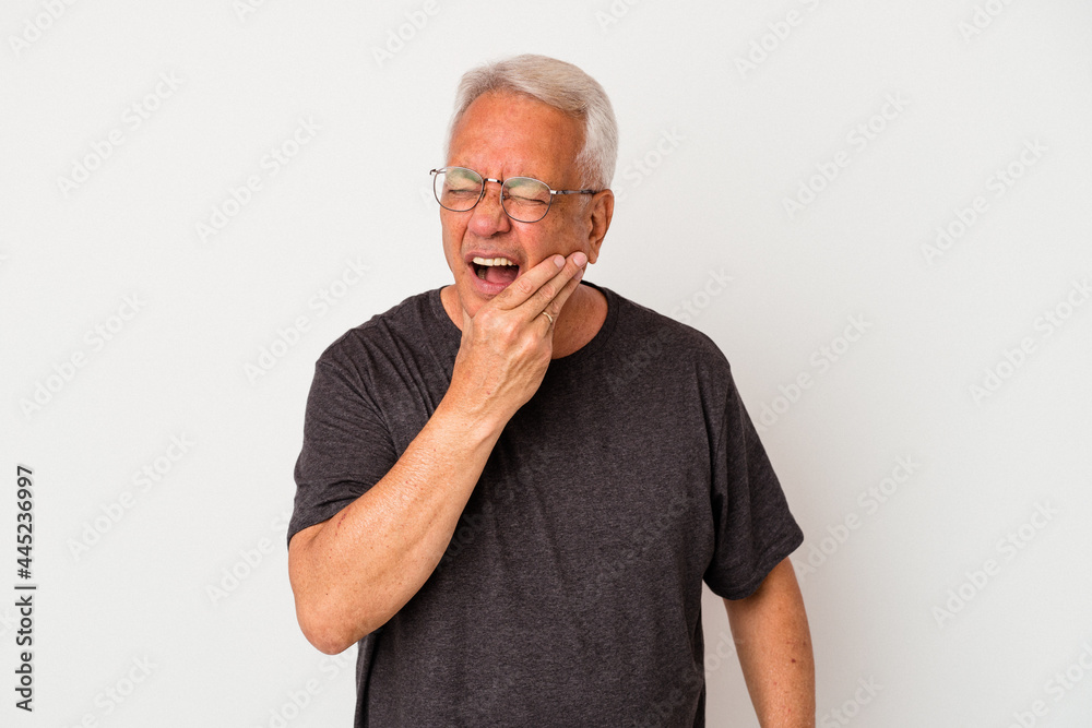 Senior american man isolated on white background having a strong teeth pain, molar ache. Senior american man isolated on white background having a strong teeth pain, molar ache.