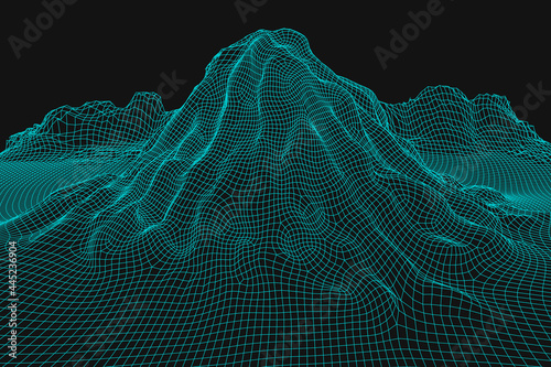 Blue abstract vector wireframe landscape background. 3D futuristic mesh mountains. 80s Retro illustration. Cyberspace technology valleys.