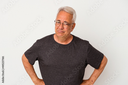 Senior american man isolated on white background sad, serious face, feeling miserable and displeased.