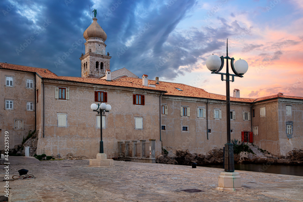 Town of Krk, Croatia. Cityscape image of Krk, Croatia located on Krk Island with the Krk Cathedral at summer sunset.