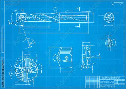 Mechanical engineering drawings on blue background. Drill tools, borer. Technical Design. Cover. Blueprint. Vector illustration.