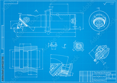 Mechanical engineering drawings on blue background. Boring bar with micrometric adjustment. Technical Design. Cover. Blueprint. Vector illustration.