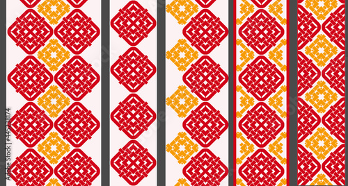 Vertical seamless geometric chinese pattern with red knots and weaving . Vector set . Use for embroidery, braid, tape, ribbon.