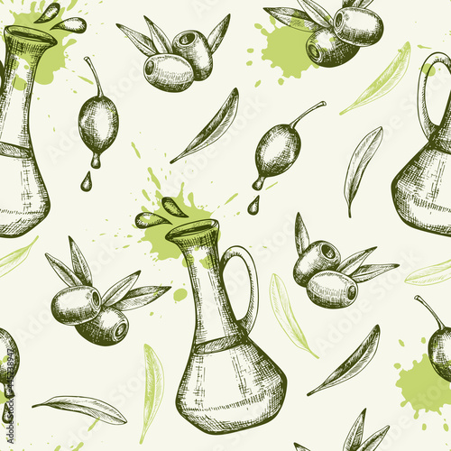 Seamless pattern with olives and olive oil.