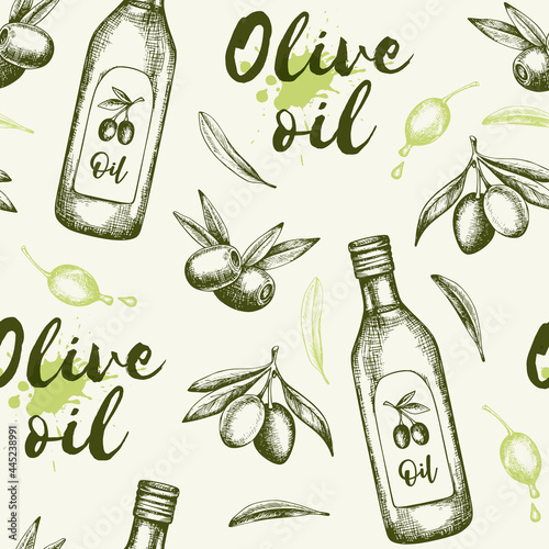 Seamless pattern with olives and olive oil.