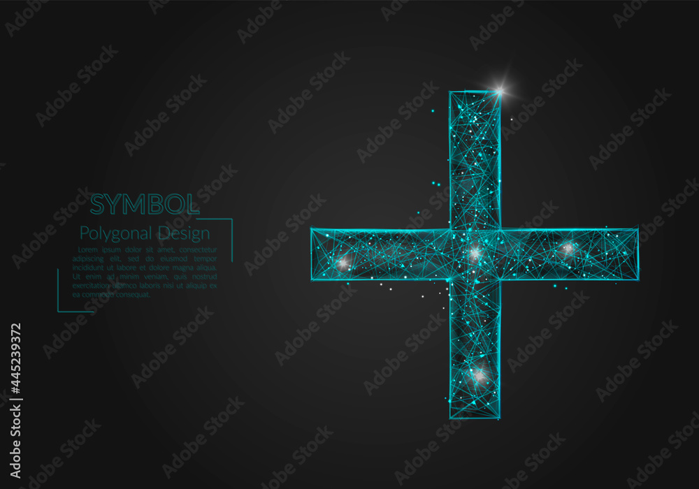 Obraz premium Abstract isolated blue image of a plus or cross sign. Polygonal illustration looks like stars in the blask night sky in spase or flying glass shards. Digital design for website, web, internet.