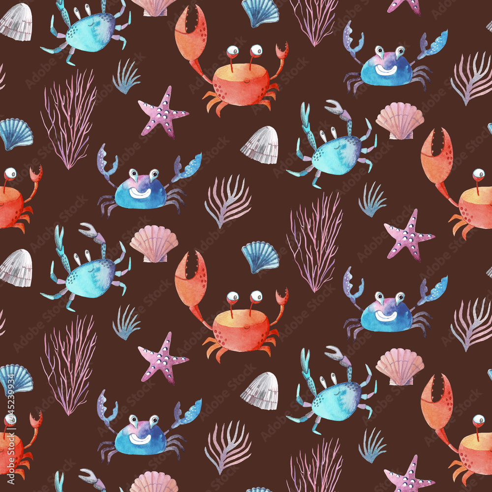 Watercolor pattern, crabs and shells Watercolor pattern, crabs and shells