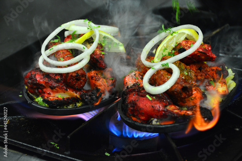 Fotografie carne al tandoori, pollo y pavo estilo indio tandoori con especias