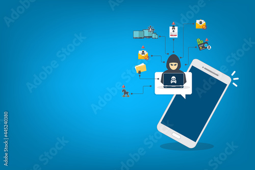 Hacker, malware notification on mobile phone. Smartphone with hacker alert, spam data on cellphone fraud error message, scam, virus. Flat vector illustration.	