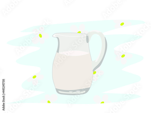 Glass jug filled with fresh milk on a blue background with white daisies. Flat illustration for natural, correct, balanced nutrition