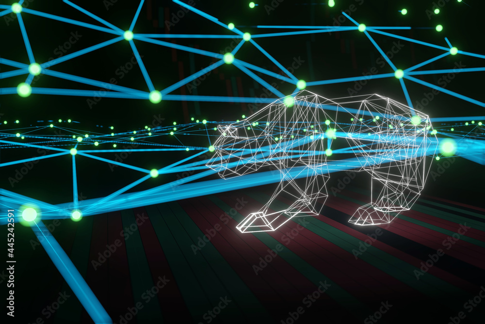 Bear tranding with lines and dots on the volume chart and Japanese candles of the stock market. Business and financial investment concept polygonal 3d illustration Bear tranding with lines and dots on the volume chart and Japanese candles of the stock market. Business and financial investment concept polygonal 3d illustration