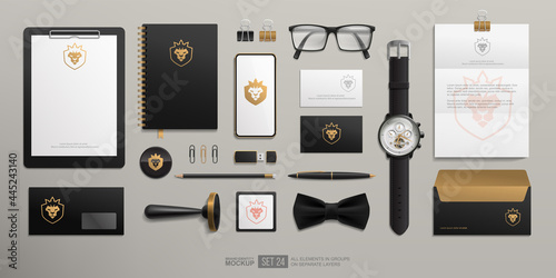 Personal image Branding Stationery mockup set with Golden Lion logo. Luxury style Corporate Brand Identity Mockup set. Business personal office items of gold logo template on black background