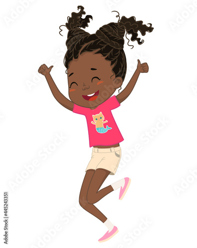 Cute happy African American girl jumping and dancing cheerfully on a white background. Laughing girl, vector background for poster, cover, etc.