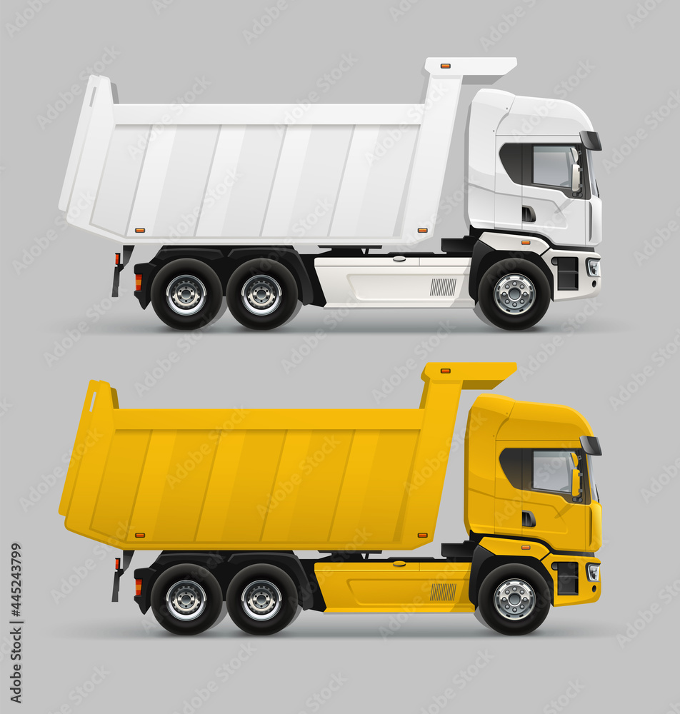 Realistic blank Dump Truck vector template. White and yellow cargo dump