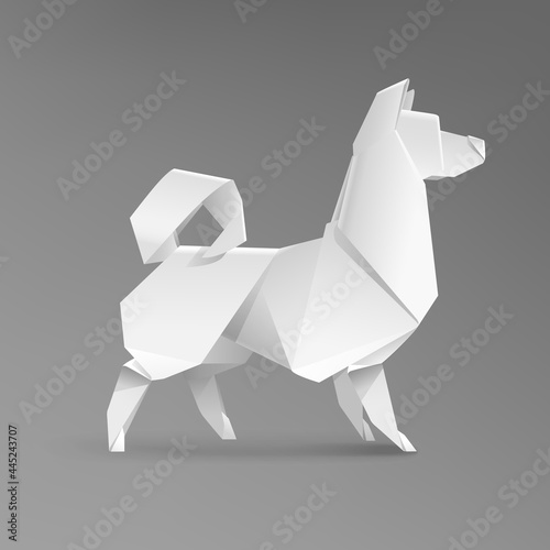 Geometric origami White Husky Dog vector template isolated from grey. Realistic 3D Paper Pet Dog template. Triangular style Dog icon