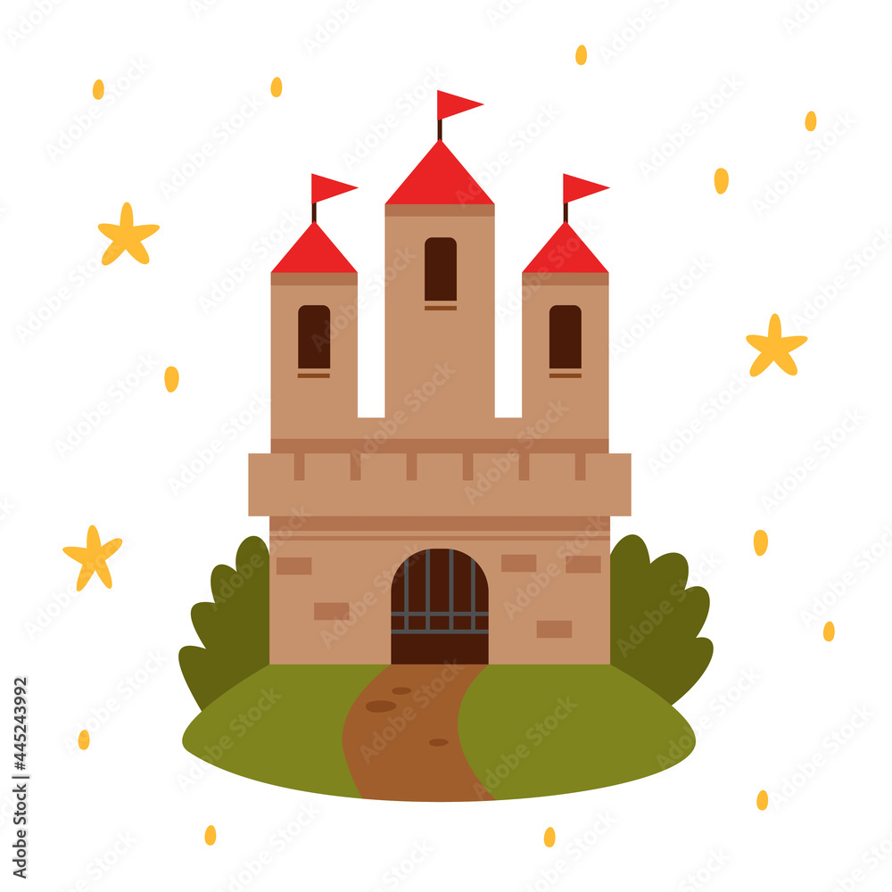 Fairytale landscape with castle. White tower with red flags, fairy house or magic castles kingdom. Vector flat illustration.