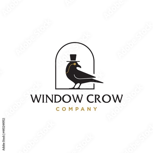 gothic church logo. black raven crow with golden monocle glasses and bowler top hat in a window icon logo design vector Illustration